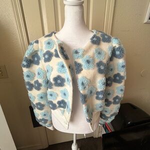 SHEIN Cream and Blue Floral Teddy Jacket